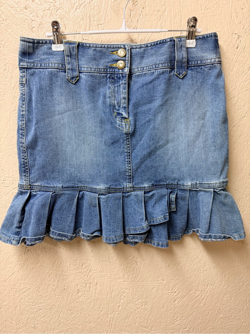 LOFT Light Blue Denim Ruffle-Hem Mini Skirt